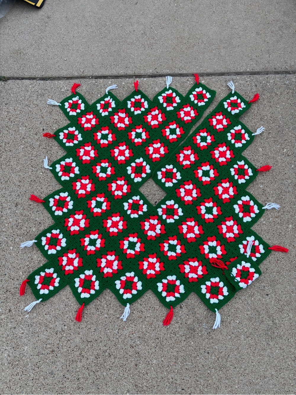 Handmade Green, Red & White Crochet Holiday Table Runner Christmas tree skirt